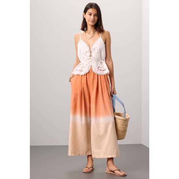 TOME Orange Ombré Linen Blend Dip-dyed Smocked Waist Wide Leg Pants size Medium - Picture 12 of 16